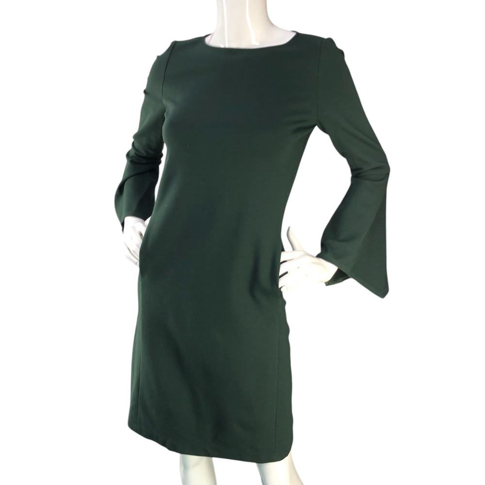 Lafayette 148 New York Women Size XS Dress Flare Sleeve POCKETS Round Neck Green